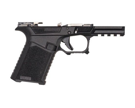 Aggressively textured black polymer frame for Glock handguns.